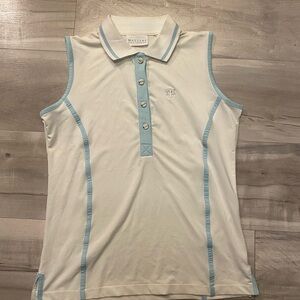 Masters Women’s Cream Polo with Light Blue Detail, Bedazzled “M” US Size 4